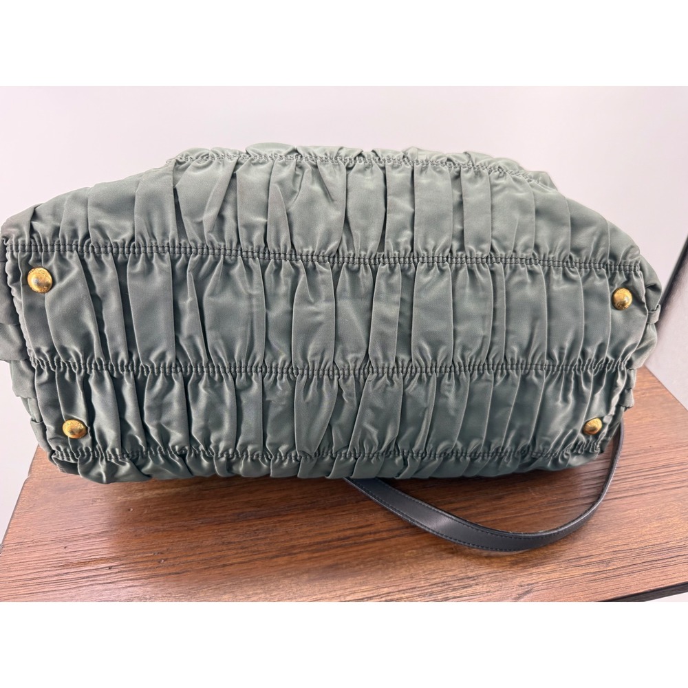 Prada Tessuto Gauffre Ruched Nylon Leather Satchel Bag Green Black Gold Hardware - Picture 8 of 11